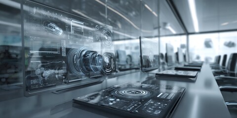 Futuristic Technology Training Interface with Digital Graphics and Interactive Elements for Learning and Development in Corporate Settings