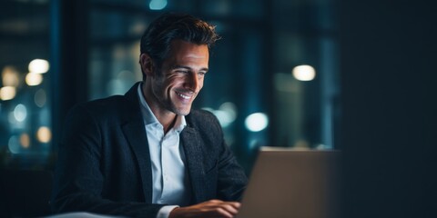 Professional Businessman Engaging with Digital Technologies While Working on Laptop in Modern Office Environment