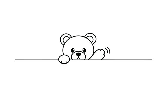Minimalist line art of a cute teddy bear peeking over a line and waving its paw in a friendly greeting on white.
