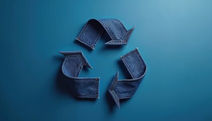 Blue jeans form recycling symbol. Reuse old clothes, fashion industry eco awareness. Denim fabric shapes circular arrows on plain backdrop, sustainability concept graphic.