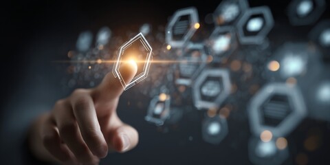 Futuristic Hand Interacting with IT Icon Surrounded by Digital Symbols Representing Technology and Information in a Virtual Environment