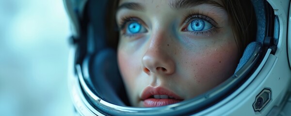 Young woman wears futuristic helmet, gazing into distance. Her eyes glow with digital patterns. She explores cosmos, thinks about future tech, space exploration, cybernetic enhancements.