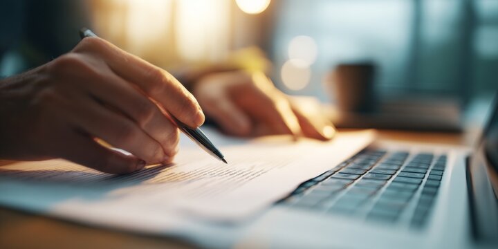 Digital document management workflow with hands using stylus on laptop for editing and reviewing various virtual documents and files in modern workspace - Powered by Adobe