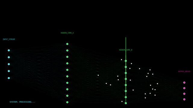 Abstract futuristic technology background with glowing central network core and flowing digital connections, artificial intelligence system visualization for data processing and advanced computing 