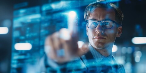 Business professional interacting with futuristic touchscreen technology in a high-tech workspace, emphasizing innovation and digital transformation
