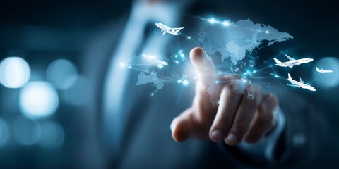 Businessman Touching Global E-commerce Concept with Air Travel Icons and Digital Technology Illustrations in Soft Focus Background