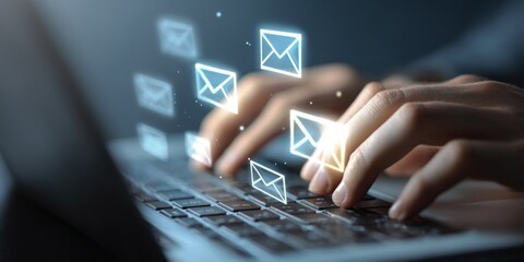 Hands Using Laptop to Send Emails with Motion Graphics Depicting Fast Delivery and Notifications in a Digital Communication Concept