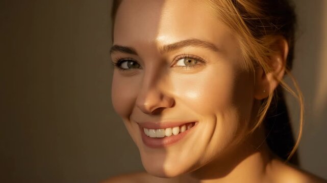 Young woman portrait close up face smile sunlight soft shadowed warm natural smile illuminated