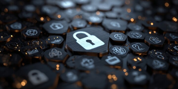 Digital security interface with modern icons and lock symbol representing online protection and data encryption in a business environment