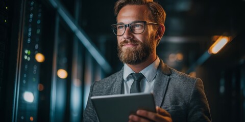 Professional Businessman Adjusts Tie While Holding Tablet Displaying Digital Network Concept in Modern Data Center Environment