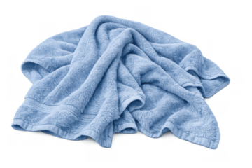 Blue crumpled terrycloth towel, soft cotton fabric for personal hygiene and well-being, isolated on transparent background