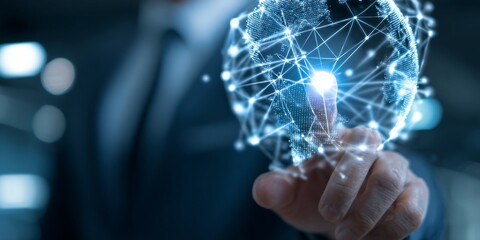 Business professional connecting digital network and global communication model through touchscreen interface in modern corporate environment