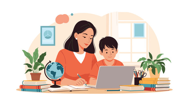 Mother helping her young son with schoolwork on a laptop while sitting at a desk filled with books and a globe in a home office.