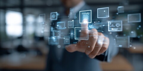 Business Professional Interacting with Digital Flowchart and Technology Icons in Modern Office Environment for Innovative Solutions and Data Management Strategies