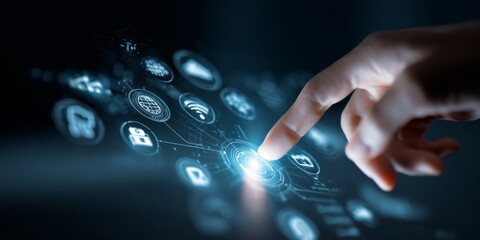 Digital interface with hand touching futuristic technology symbols and information icons on a dark background illustrating concept of virtual interaction