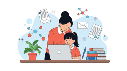 Young girl and her mother studying together on a laptop with educational icons of science and communication floating in the background.