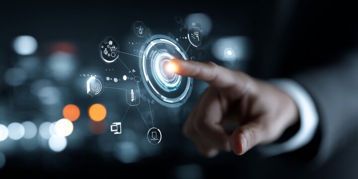 Digital interface with hand touching futuristic technology symbols and information icons on a dark background illustrating concept of virtual interaction - Powered by Adobe