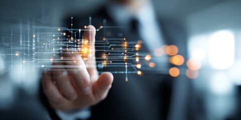 Businessman Interacting with Digital Interface Featuring Data Analytics, Networking, and Professional Communication Tools in a Modern Office Environment