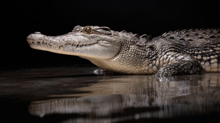 Fototapeta premium Crocodile Lying in Still Water with Dark Background and Reflection