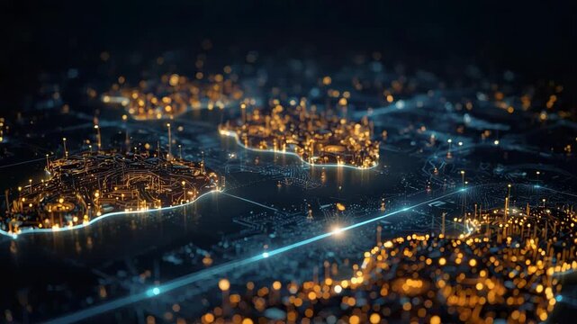 Futuristic digital city map network glowing with warm lights, cool lines, blue pathways