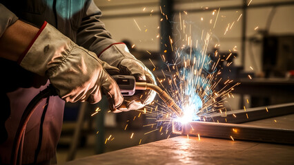 Spark of Creation: A skilled welder, shielded by protective gloves, meticulously joins metal with a brilliant arc of light, forging strength and precision. 