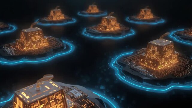 Glowing futuristic microchip towers and server modules circuit board islands connected by neon ring