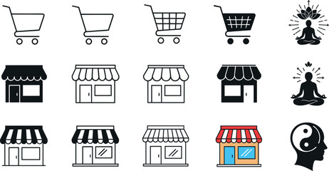 Collection of shopping cart icons storefront symbols and wellness meditation graphics with yin yang for e-commerce retail and mental health design projects