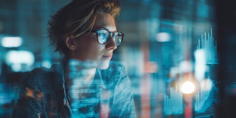 Young professional analyzing data on transparent screens in a modern office with digital graphs and charts reflecting bright light in the background