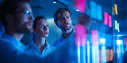 Business professionals collaborating on project scheduling with digital tools and timelines in a modern office environment