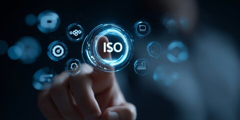 Abstract representation of ISO standards with digital icons and a futuristic hand gesture signaling technology, innovation, and quality management in business