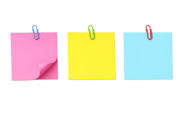 Colorful sticky notes with paper clips creating business reminder empty message memo space for important information