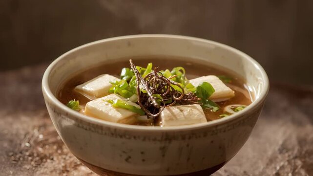 Steaming miso tofu soup with scallion garnish and savory seaweed broth aroma
