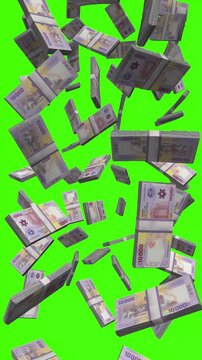 Vertical CFA Franc bills falling on chromakey, XAF cash rain