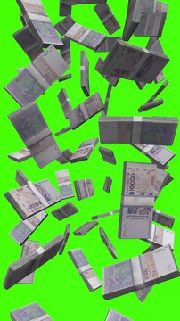 Vertical CFA Franc bills falling on chromakey, XOF finance animation