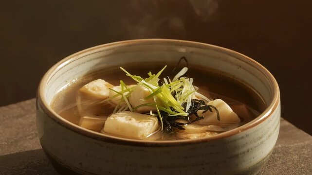 Steaming miso broth with tofu, scallion, seaweed and savory dumpling soup