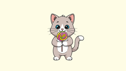 Obraz premium Adorable gray and white kitten sitting and holding a colorful rainbow swirl lollipop in a charming and sweet flat illustration.