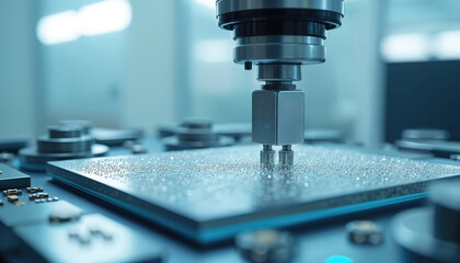 Automated robot arm places tiny components onto silicon wafer. Precision microchip production in cleanroom factory. Futuristic electronic manufacturing industry. Advanced tech assembly line.