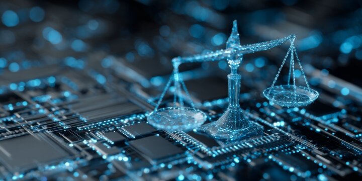 Futuristic digital concept of law and justice symbol represented by scales intertwined with technology and innovation in a cybernetic environment - Powered by Adobe