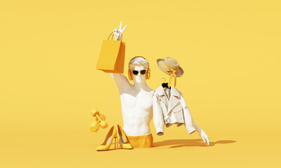 Creative fashion shopping concept with mannequin, clothing and accessories on yellow background. Modern advertising visual for retail promotion, seasonal campaign and stylish marketing, 3d rendering.