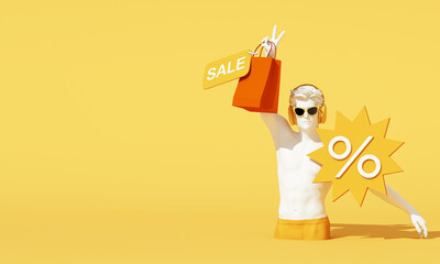 Abstract shopping sale concept with mannequin holding shopping bag, sale tag and discount symbol on yellow background. Bold marketing visual for promotion and advertising campaign, 3d rendering.