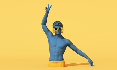 Abstract modern fashion art with blue mannequin wearing sunglasses and headphones on yellow background. Youthful creative visual for lifestyle, music and contemporary culture, 3d rendering.
