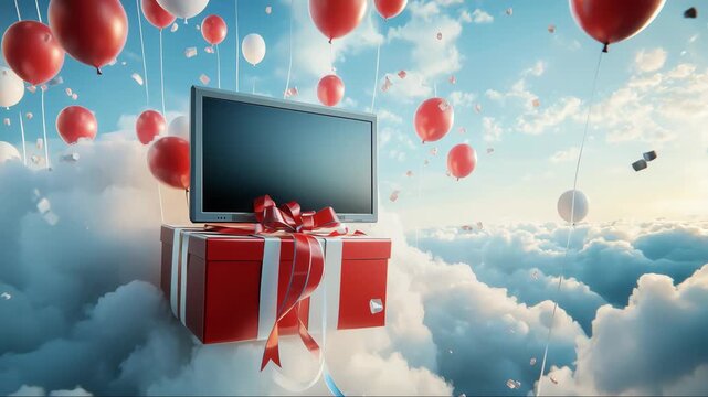 Flat screen television on wrapped gifts floating in cloudscape with balloons