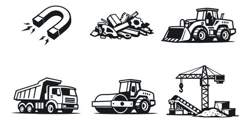 Stylized industrial icons set featuring heavy machinery, a magnet, and scrap metal for construction and recycling