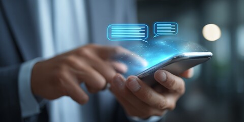 Professional person using smartphone with AI chat interface on screen in modern business environment, showcasing technology and communication innovations