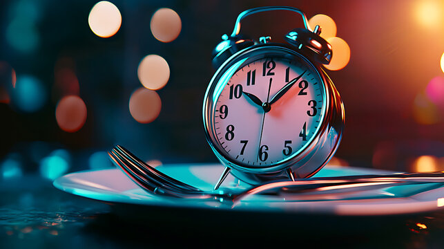 Vintage alarm clock on empty plate with fork and knife, creating nostalgic dining atmosphere, illuminated by soft bokeh lights