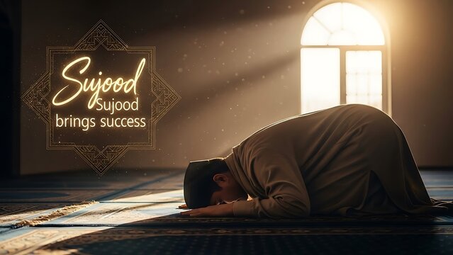 Man in prayer bowing down in devotion, illuminated by soft sunlight streaming through a window.