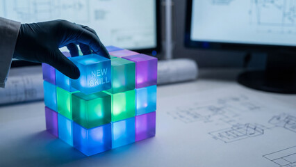 Ai multi agent collaboration visual cube puzzle agentic hand new skill glow on desk