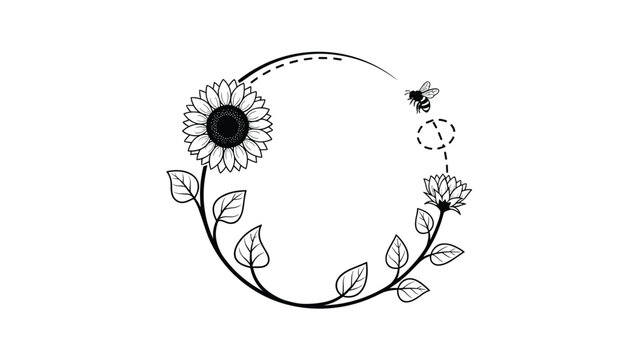 Minimalist black and white circular frame design adorned with a blooming sunflower, delicate leaves, and a flying honeybee.