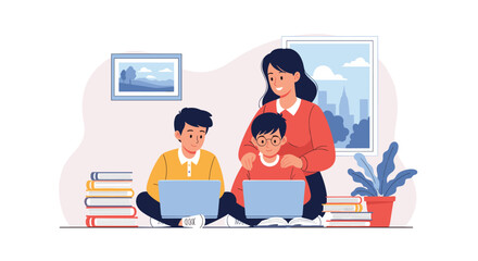 Supportive mother helps her two young sons with their schoolwork as they sit on the floor and study using laptop computers.