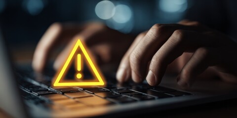 Hands Typing on Laptop with Attention Grabbing Warning Sign in Background Indicating Urgency and Caution for Digital Safety Awareness